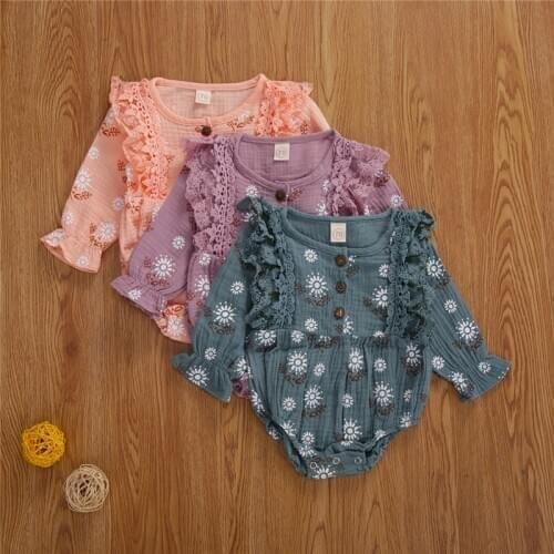 0-18M Baby Girls Rompers Spring Autumn Infant Girls Cute Long Sleeve Floral Print Ruffles Rompers Jumpsuits One-Pieces Outfits