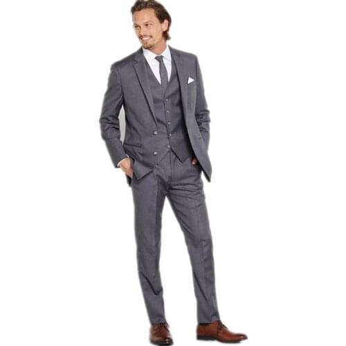 Grey 3Pieces Casual Men Suit Split Side Set Slim Fitted Groom Wedding Party Tuxedos Groomsman Blazer Sets (Jacket+Vest+Pants)