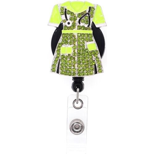 Lovely Green Enamel Nurse Uniform Rhinestone Retractable Id Badge Holder Reel