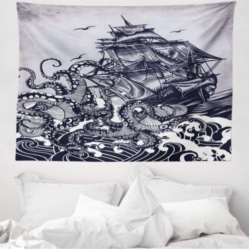 Monochrome Mikrofiber Large Wall Tapestry Sailing Boat And Octopus Fabric Print Decorative Wall hanging 230cm x 140cm