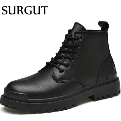 SURGUT Men Snow Boots Brand Cow Leather Ankle Boots Winter Casual Shoes Warm Walking Business Boots For Man Plus Size 38~48