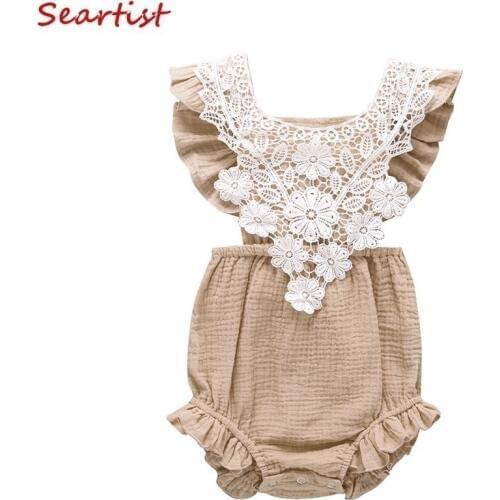 Organic Cotton Baby Girl Clothes Summer Double Gauze Kids Ruffle Romper Jumpsuit Headband Dusty Pink Playsuit For Newborn 3M 25