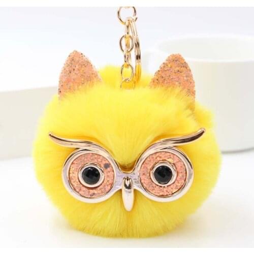Cute Owl Head Pompom Keychain Artificial Wool Pendant For Women Bag Car Key Ring Phone Fine Jewelry Accessories Kids Girl Gift