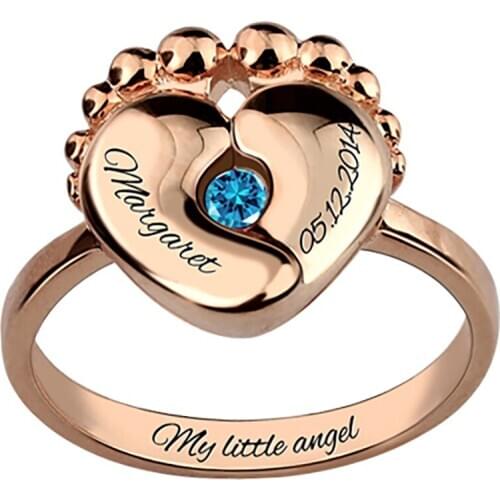 Uonney Dropshipping Personalized Baby Feet Birthstone Engraved Ring Silver Rose Gold For Women Mom Valentine Gift Jewelry