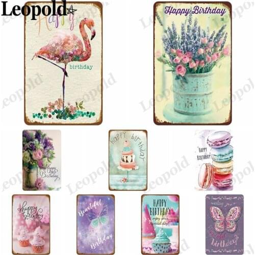 Vintage Metal Sign Board Happy Birthday Poster Pink Flower Tin Plate Home Bar Club Decoration Board 20X30Cm