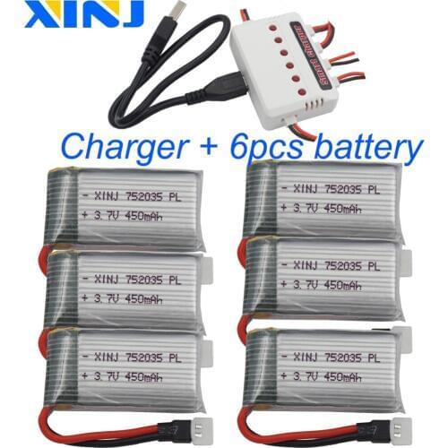 XINJ 6pcs+charger 3.7V 450mAh 25C Li lithium polymer battery lipo cell 752035 for DFD F182 F183 H8C X4H1007 RC Quadcopter Drone