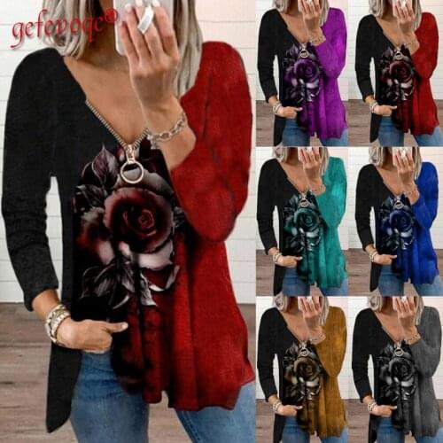 2021 Autumn Womens Elegant Zipper Rose Flower Print Tshirts Long Sleeve V-neck Harajuku Basic Tops Loose Casual T-shirts Female