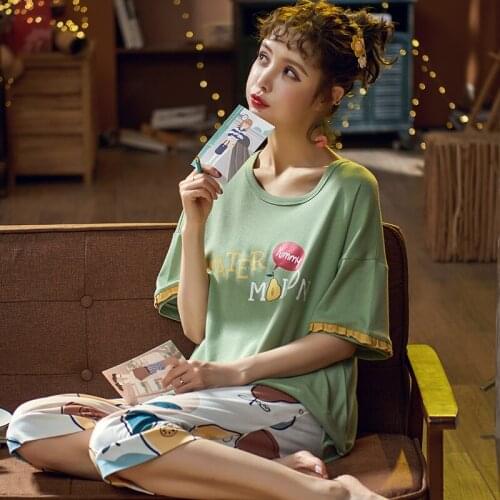 Womens Summer Pure Cotton Thin Short Sleeved Suit Fashion Loose Homewear Set