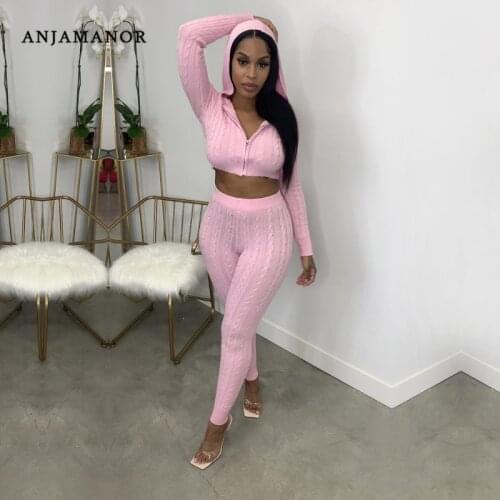 ANJAMANOR Casual Knitted Sweater Two Piece Set Zip Up Hoodie Pants Sets Fall Winter Outfits for Women Wholesale Items BD52-GC64