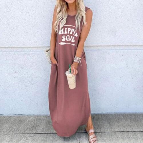 Women Casual Dress Summer Sleeveless Letters Printed Loose Vest Female Round Neck Long Dresses Streetwear