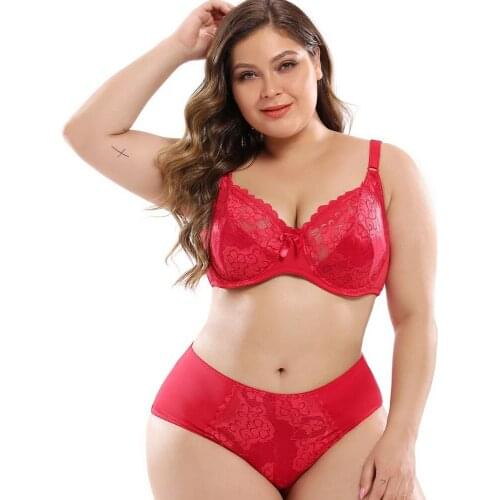 Female Lingeries Full Cup Unlined Bra and Panty Set Plus Size Women Bra Set Ultra Thin Panty Floral Lace 6 Colors C D DD E F