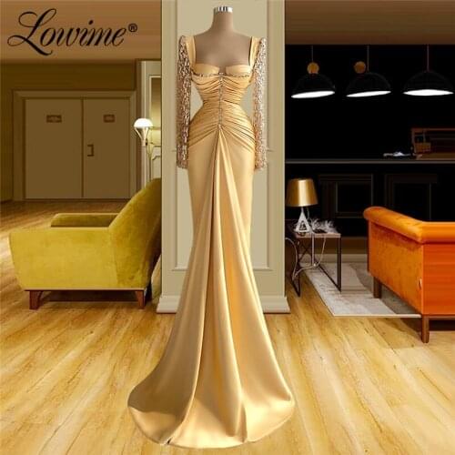 Lowime Glitter Light Yellow Evening Dresses 2021 Robes Long Sleeves Mermaid Party Dress Vestido De Festa Arabic Dubai Prom Dress