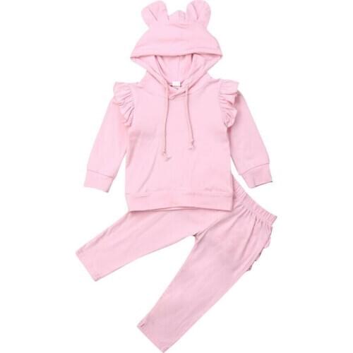 2PCS Toddler Kids Baby Girls Ruffle Tops Pants Pink Tracksuit Outfits Clothes Cotton Tops Sweatshirt Long Pants Outfits Clothes