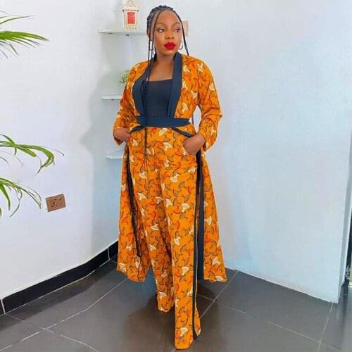 Dashiki African 2 Piece Set Women Cardigan Long Trench Tops And Pant Suit Casual Clothes Boho Sexy Two Piece Outfits 2021