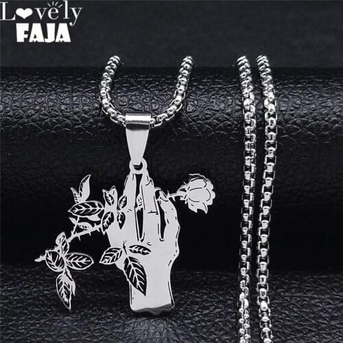 Gothic Hand Rose Stainless Steel Chain Necklaces Women/Men Gothic Pendant Necklace Jewelry collane in acciaio N7026S03