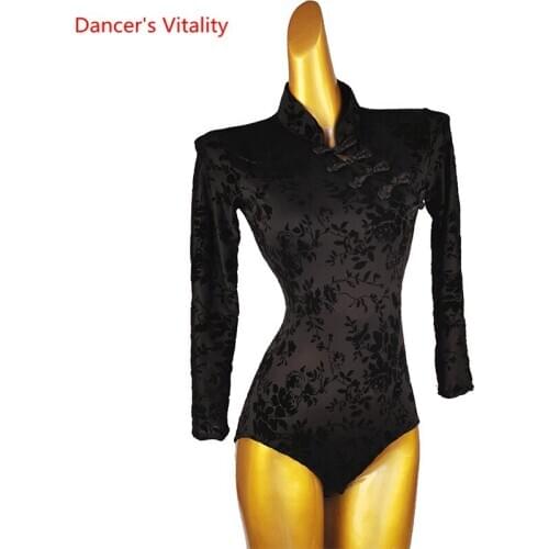 Latin Dance Female Adult Girl High-end Velvet Body Suit Long Sleeve Practice Clothes Custom Modern Dancing Performance Onesies