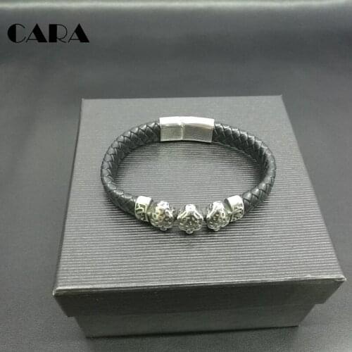 CARA NEW Top Quality Genuine Leather Braided Bracelet Men Stainless Steel leopard Bracelet With Magnetic Buckle Clasp CARA0053