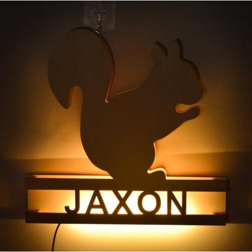 Animal Squirrel Wall Lamp Custom Name LED Night Light Wood Material Personalized Kids Gift Engraved Nightlight