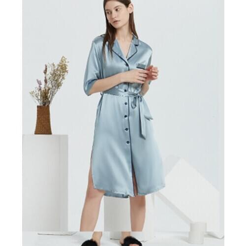 New 19mm Heavymulberry Silk Pajamas Robe Dress Nightdress Retro Elegant Temperament Cheongsam Skirt Long Nightgown