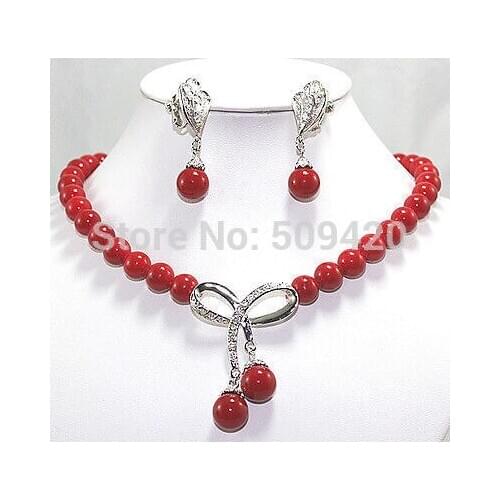 Wholesale 32012 Pretty jewelry 10mm Red shell pearl Necklace inlaid crystal Earring Set