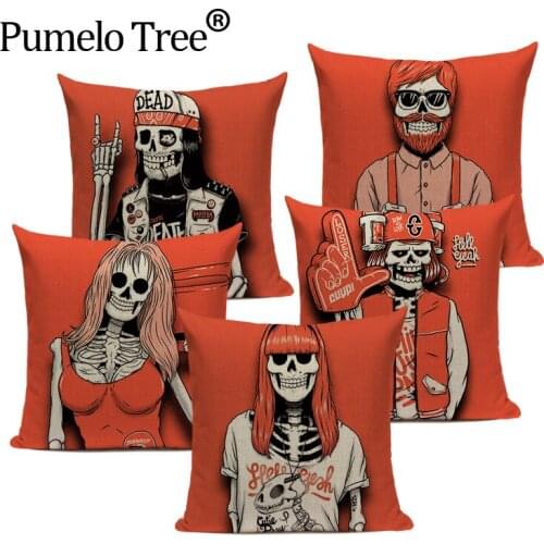 Happy Halloween Pillow Case Red Skull Decorative Cushion Throw Pillows Cover Halloween Day Portrait Linen Sofa Cushions Covers