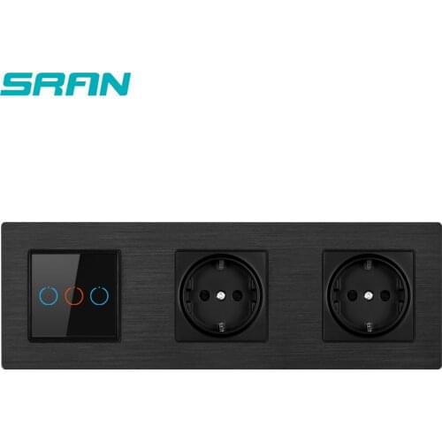 SRAN sensor switch，socket with usb，black 3 frame Aluminum panel 258*86，220V 16A 1/2/3 gang 1 way,switch with socket