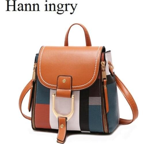 HANN INGRY 2021 Boys & girls Schoolbag Retro Leisure Backpack Durable Geometric Pattern Splicing Color High Quality PU Bag H318D