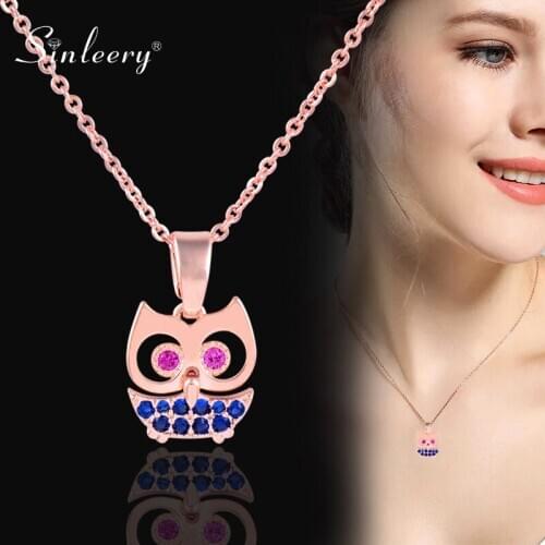 SINLEERY Cute Owl Pendant Necklace Yellow Rose Gold Silver Color Chian Pink Blue Zircon Choker Women Necklace Jewelry XL735 SSB