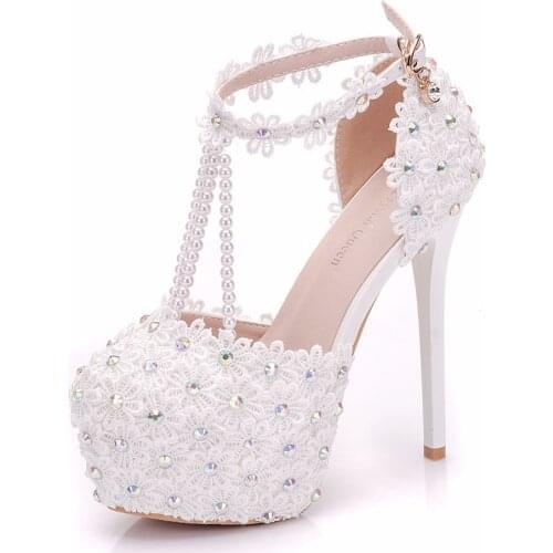 Women Pumps Shoes Hollow Lace Waterproof platform Round Toe Thin Heels 14CM High Heels Womens Wedding Shoes ff7