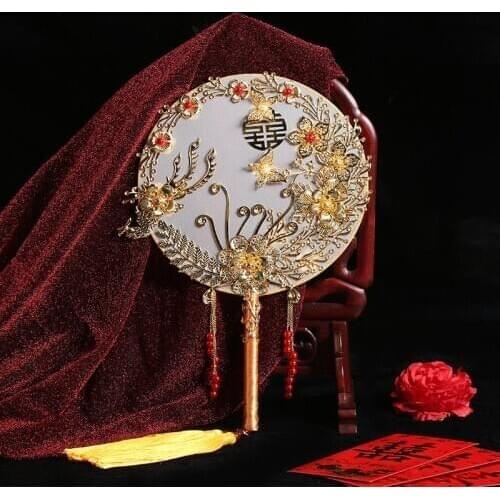 Brides group fan Chinese wedding Traditional Bride Fan Vintage Round Hand-held Rose Flower Fan Wedding Photography Props