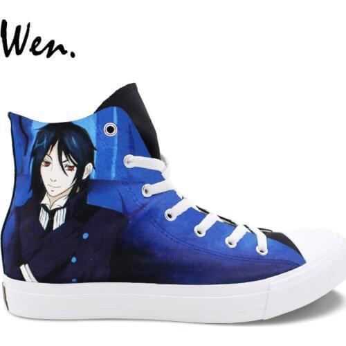 Wen Anime Skateboard Shoes Black Design Black Butler Hand Painted Canvas Sneakers High Top Adults Unisex Sport Gym Shoes