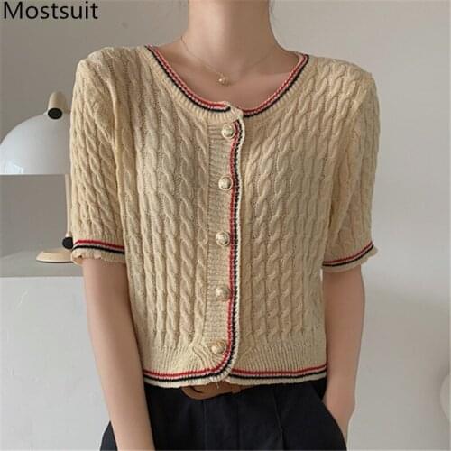 Twisted Knitted Vintage Women Cardigan Short Sleeve V-neck Single Breasted Sweater Knitwear Elegant Female Jumpers Tops 2021