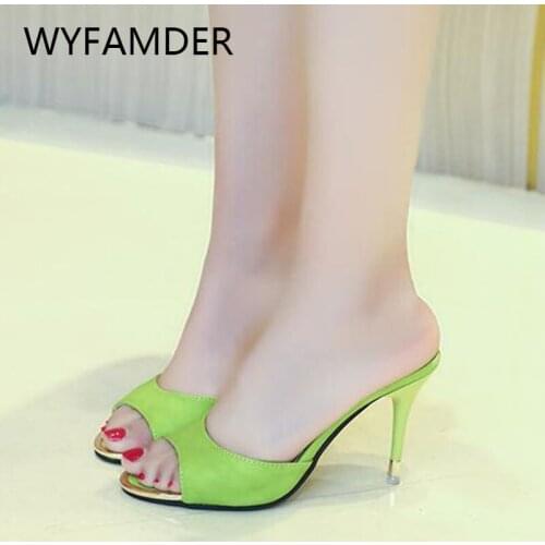 WYFAMDER 2021 Peep Toe Women Slippers Summer Sexy Thin Heeled Woman Mules Slides Casual Stiletto Pumps Lady High Heels WP33