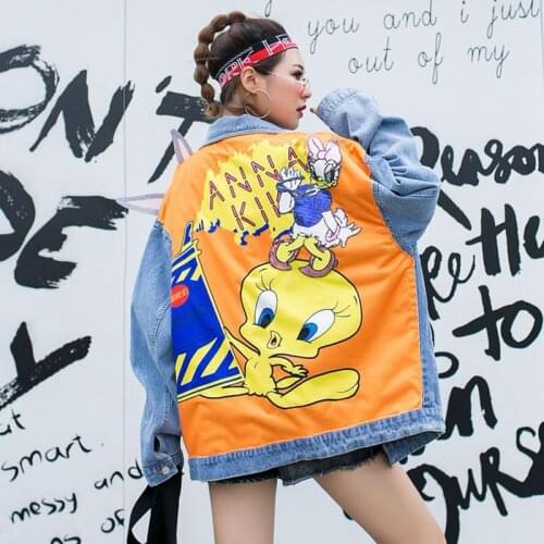 Women Autumn new cartoon sequins washed denim jacket female rabbit bugs loose casual personality trend Y817