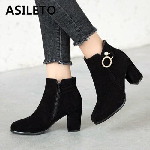 ASILETO Womens half boots Ankle boots Flock Square-Heeled Side Zipper Short-Tube Boots Belt Buckle High Heel British Style