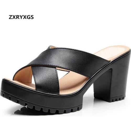 2019 New Open Toe Summer Sandals Fashion Shoes High Heeled Slippers Non-slip Plus Size Real Leather Shoes Women Sandals Slippers