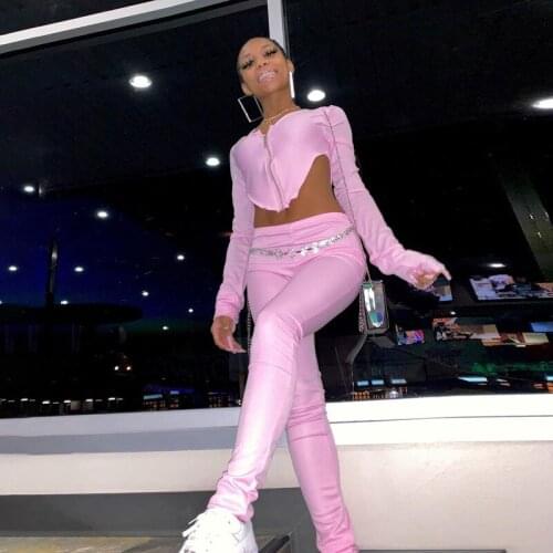 Sexy Low Neck Zipper Solid Matching Two Piece Set Women Skinny Cropped Top & Leggings Autumn Casual Streetwear Female Outfits