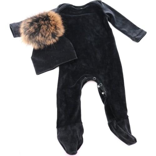 Newborn Baby Girls Boys Velvet Winter Clothes with Real fur pompom hats Sets Soft Long Sleeves Baby Rompers Outfits Bebe Pajamas