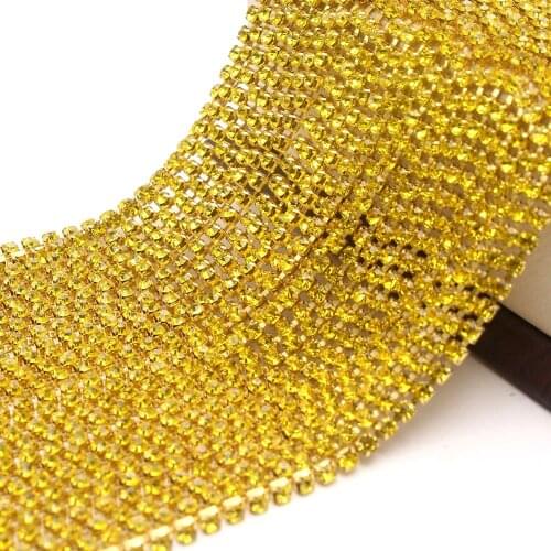 10Yard/Lot Bling Citrine Gold Base Color DIY Dense Claw Crystal Rhinestones Chain For Wedding Clothing Garment Art Decoration