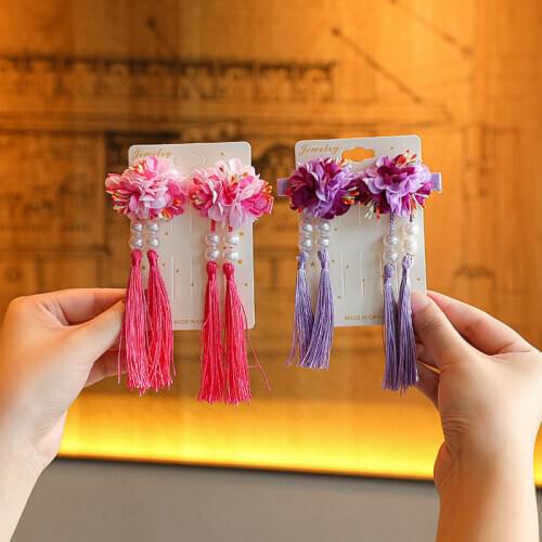 2PCS Sweet Chinese Style Hair Clips For Childrens Series Flowers Girls Red Hair Grips Hair Accessories HeadWear
