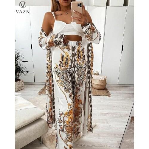 VAZN 2021 Autumn High-end Chiffon Indie Folk Full Sleeve X-Long Cloth Group Long Wide Leg Pants Slim Women 2 Piece Set