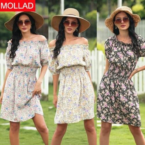 2021 Spring and Summer New European American Fashion Floral Print Off-Shoulder Elastic Waist Dress Beach Vacation Dress Women