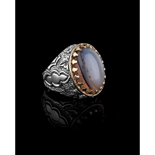 English Style 925 Sterling Silver Mens Ring with Agate Stone