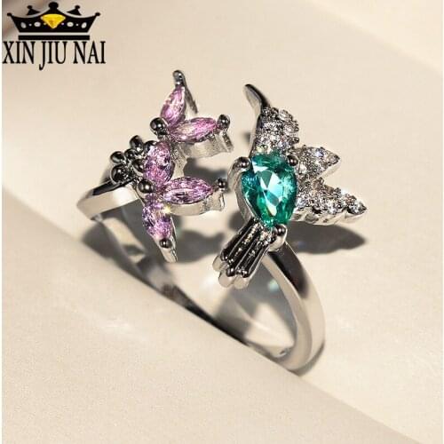 European Creative Bird Flower Opening Rings for Women Unique Chic Inlaid Pink Green Zircon Adjustable Rings Jewelry gift