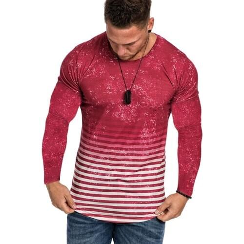 New Fashion Autumn Casual Striped Print T Shirt Men Long Sleeve Mens T Shirt Slim Fit Mens Clothes Trend Tops Tees Men Clothing