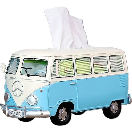 Retro Iron Tissue Box Bus Model Figurines Paper Storage Tool Napkins Holder Table Decoration for Home Bathroom Bedroom Office