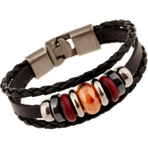 Fashion Vintage Beads Charm Men Women Bracelet Cuff Multi-layer Braided Leather Bangle Wrap Wristbands Hiphop Rock Punk Jewelry