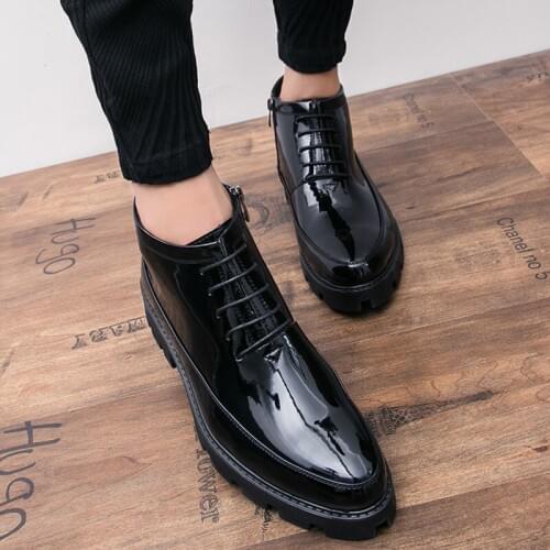 Hot Hidden Heels 6cm Patent Leather Boots Men Autumn New Fashion High Quality Black Cowboy Boots Mens Dress Boots Botas De Trab