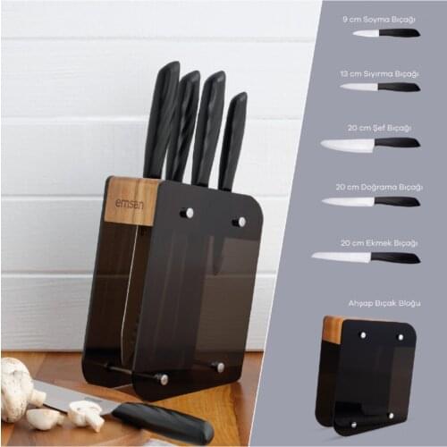 Emsan Kumsal Black 6 Piece Knife Set With Stand