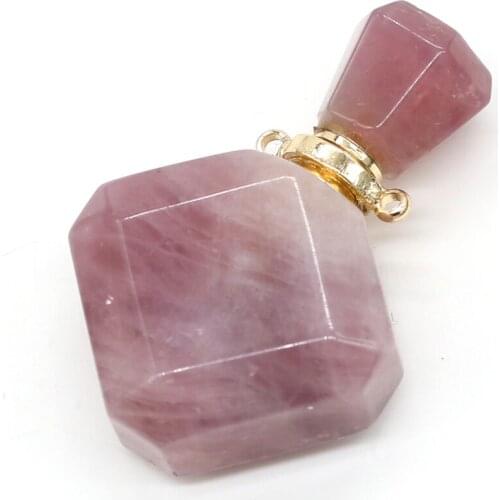 Natural Stone Perfume Bottle Pendants Rhombus Madagascar Pink Crystal Pendant for Jewelry Making Charms DIY Necklace Accessories